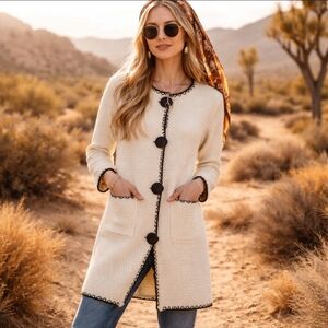 Cream Long Knit Cardigan with Black Trim